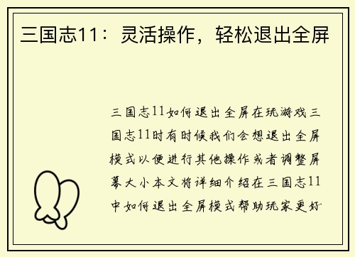 三国志11：灵活操作，轻松退出全屏